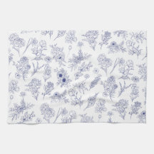 ブルー+ホワイトの古典的な花柄のティータオル