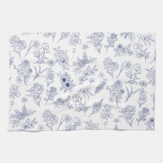 ブルー+ホワイトの古典的な花柄のティータオル キッチンタオル