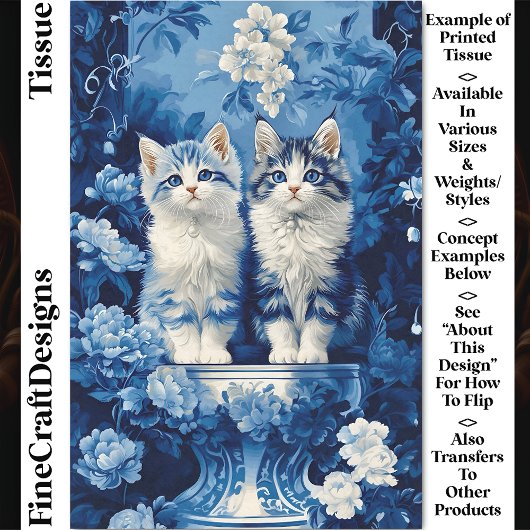 ブルー&ホワイトの可愛い子猫と花のデコパージュ CP7 薄葉紙