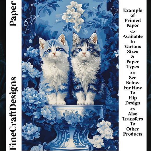 ブルー&ホワイトの子猫の花柄クラフトペーパー CP7