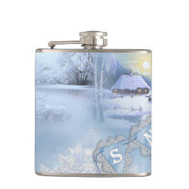 ブルー&ホワイトの水彩冬のシーン フラスク