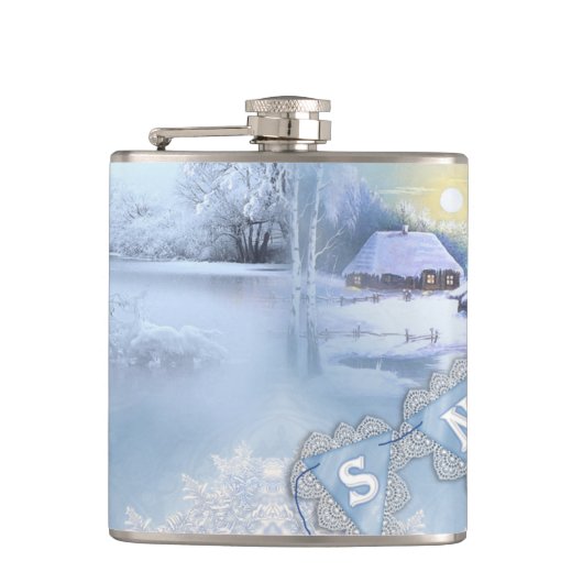 ブルー&ホワイトの水彩冬のシーン フラスク (正面)