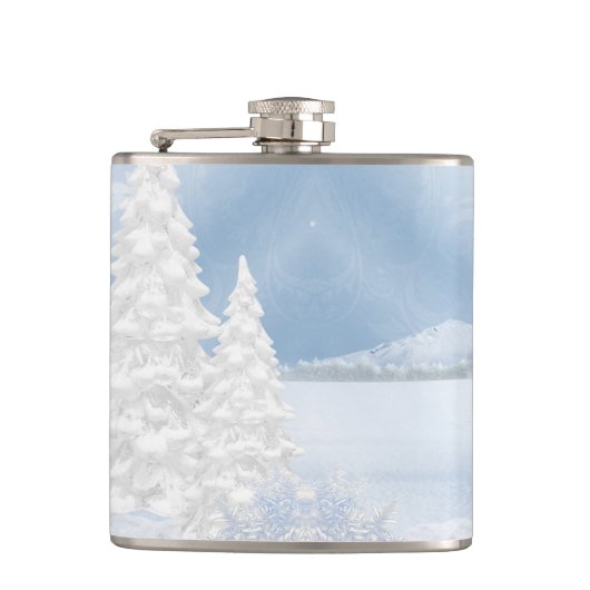 ブルー&ホワイトの水彩冬のシーン フラスク (正面)