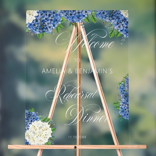 ブルー+ホワイトの紫陽花の結婚式リハーサルディナー アクリルサイン (ニュートラル)
