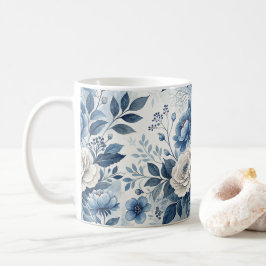 ブルー&ホワイトの芍薬の花柄マグカップ - エレガントな植物画 コーヒーマグカップ