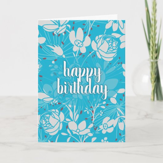 ブルー&ホワイトの花柄の誕生日 カード (正面)