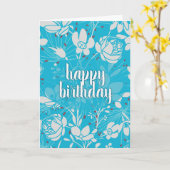 ブルー&ホワイトの花柄の誕生日 カード (黄色い花)