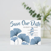 ブルー＆ホワイトの葉っぱの結婚式のBudget Save the Date (スタンド正面)