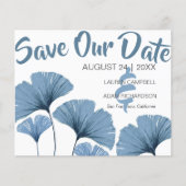 ブルー＆ホワイトの葉っぱの結婚式のBudget Save the Date (正面)
