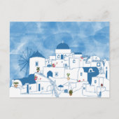 ブルー&ホワイトウォーターカラーサントリーニギリシャ シーズンポストカード (正面)