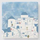 ブルー&ホワイトウォーターカラーサントリーニギリシャ ストーンコースター (正面)