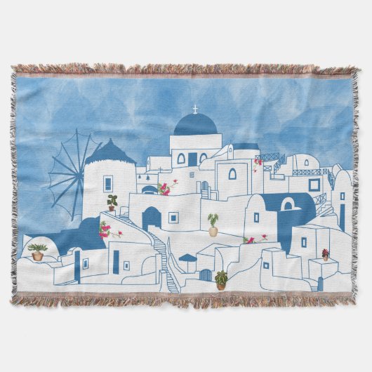 ブルー&ホワイトウォーターカラーサントリーニギリシャ スローブランケット (正面)
