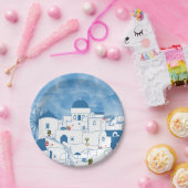 ブルー&ホワイトウォーターカラーサントリーニギリシャ ペーパープレート (パーティー)