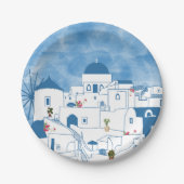 ブルー&ホワイトウォーターカラーサントリーニギリシャ ペーパープレート (正面)