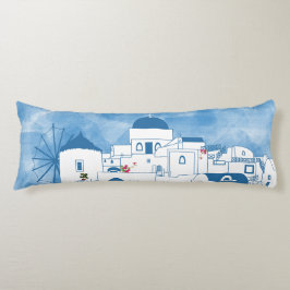 ブルー&ホワイトウォーターカラーサントリーニギリシャ ボディピロー