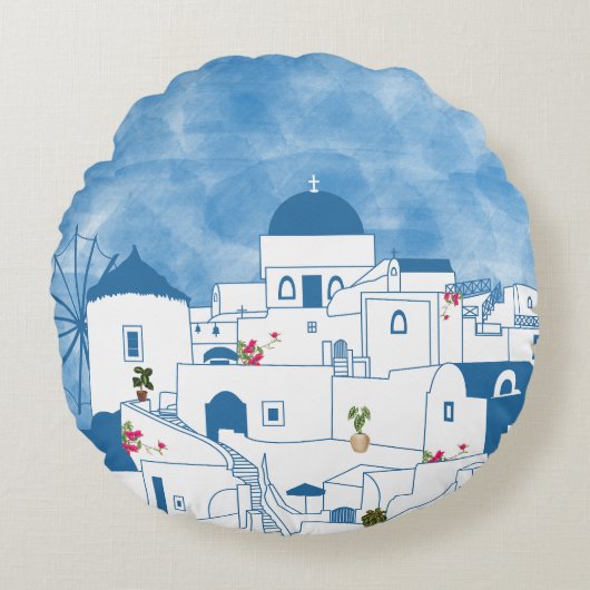 ブルー&ホワイトウォーターカラーサントリーニギリシャ ラウンドクッション (正面)