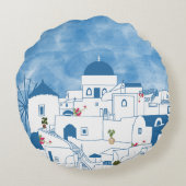 ブルー&ホワイトウォーターカラーサントリーニギリシャ ラウンドクッション (裏面)