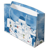 ブルー&ホワイトウォーターカラーサントリーニギリシャ ラージペーパーバッグ (裏面アングル)