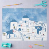 ブルー&ホワイトウォーターカラーサントリーニギリシャ 薄葉紙 (クラフト)