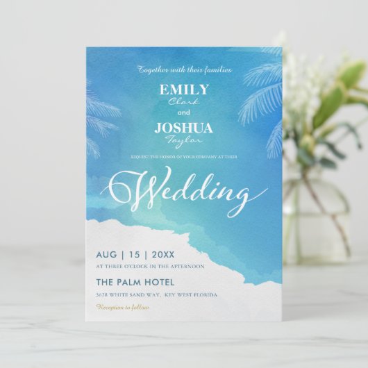 ブルー&ホワイトウォーターカラービーチ結婚式招待状 招待状 (スタンド正面)