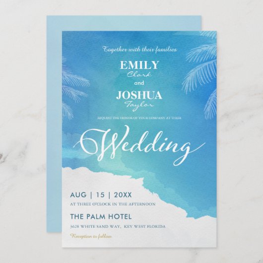 ブルー&ホワイトウォーターカラービーチ結婚式招待状 招待状 (正面/裏面)
