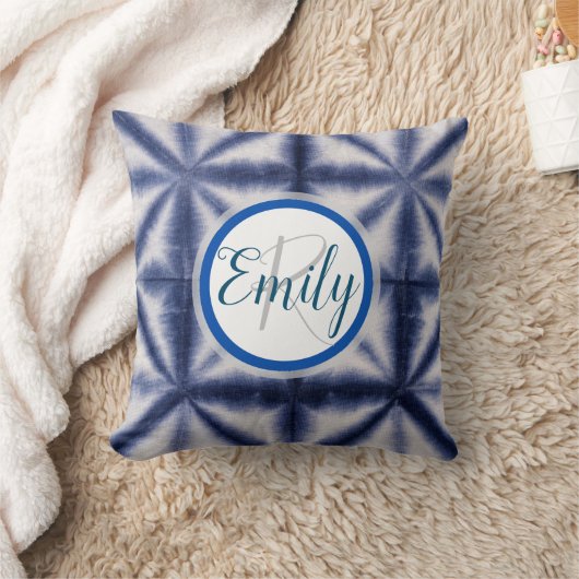 ブルー&ホワイトシボリサークル絞り染めモノグラム名 クッション (ブランケット)