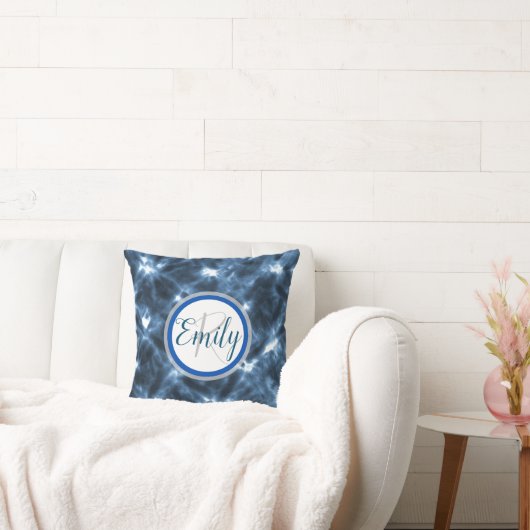 ブルー&ホワイトシボリサークル絞り染めモノグラム名 クッション (ソファ)