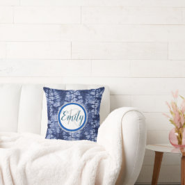 ブルー&ホワイトシボリサークル絞り染めモノグラム名 クッション