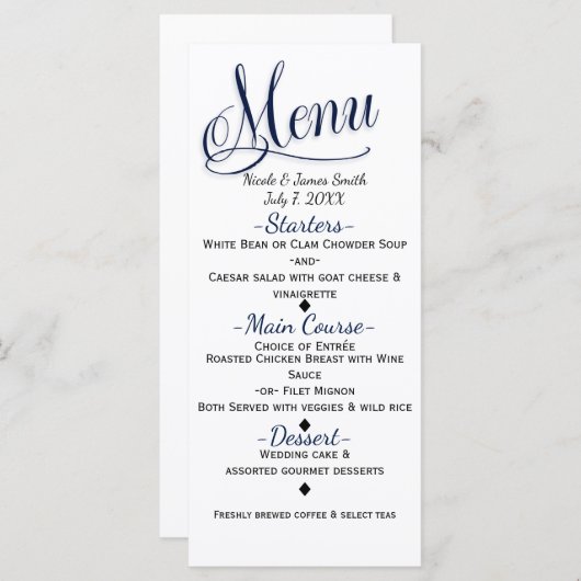 ブルー&ホワイトシンプルエレガントなウェディングメニューカード メニュー (正面/裏面)