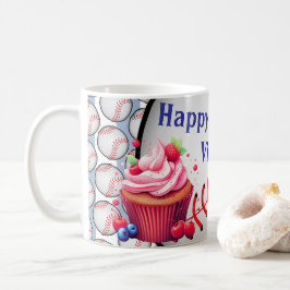 ブルー＆ホワイトストライプの野球の誕生日おめでとう コーヒーマグカップ