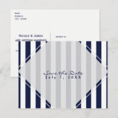 ブルー&ホワイトストライプズモダンシック日付を保存 案内ポストカード (正面/裏面)