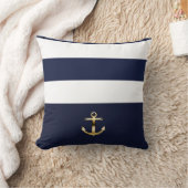 ブルー&ホワイトストライプ金ゴールドいかりシ航海のック クッション (ブランケット)