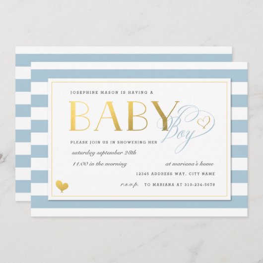 ブルー&ホワイトストライプ金ゴールドフェイク男の赤ちゃんシャワー 招待状 (正面/裏面)