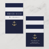ブルー&ホワイトストライプ金ゴールド航海のいかり 名刺 (正面/裏面)