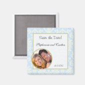 ブルー/ホワイトダマスク結婚式の発表マグネット マグネット (正面/裏面)