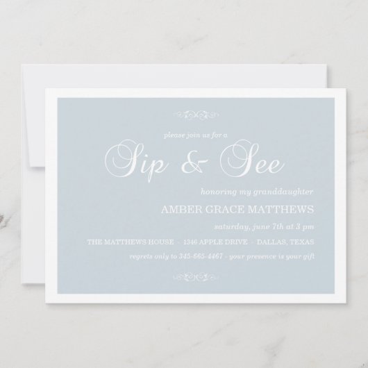 ブルー&ホワイトダマスクSipと参照招待状 招待状 (正面)