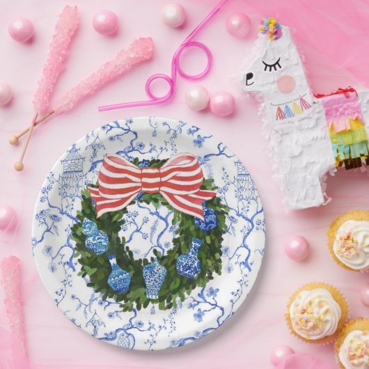 ブルー&ホワイトチャイノアイセリークリスマスリース ペーパープレート (パーティー)