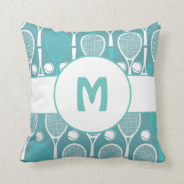 ブルー&ホワイトテニスラケットボールプレイヤー名かわいい クッション
