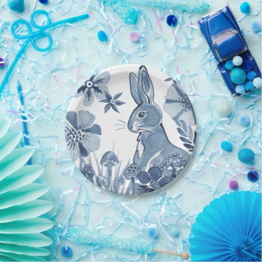 ブルー&ホワイトバニーフラワーズマッシュルームイースターウサギ ペーパープレート (パーティー)