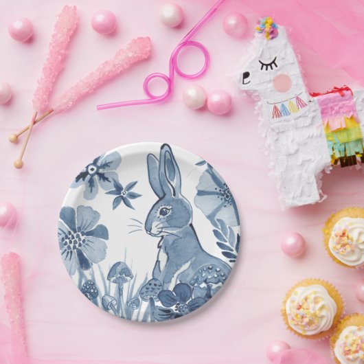ブルー&ホワイトバニーフラワーズマッシュルームイースターウサギ ペーパープレート (パーティー)