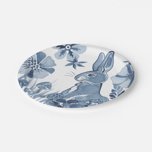 ブルー&ホワイトバニーフラワーズマッシュルームイースターウサギ ペーパープレート (アングル)
