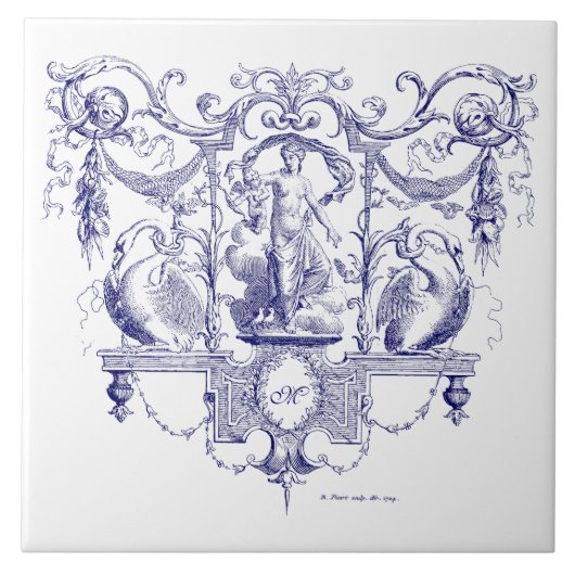 ブルー&ホワイトバロック・ロココビーナス&スワン タイル (正面)