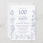 ブルー&ホワイトビクトリアン100thバースデーパーティーフローラ 招待状 (正面)