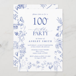 ブルー&ホワイトビクトリアン100thバースデーパーティーフローラ 招待状