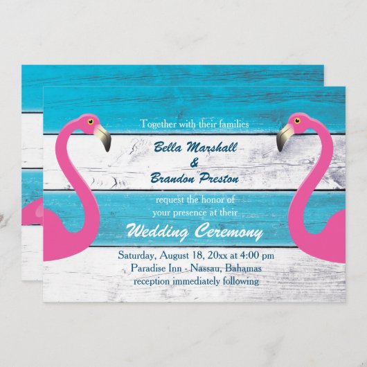 ブルー&ホワイトフラミンゴ結婚式招待状 招待状 (正面/裏面)