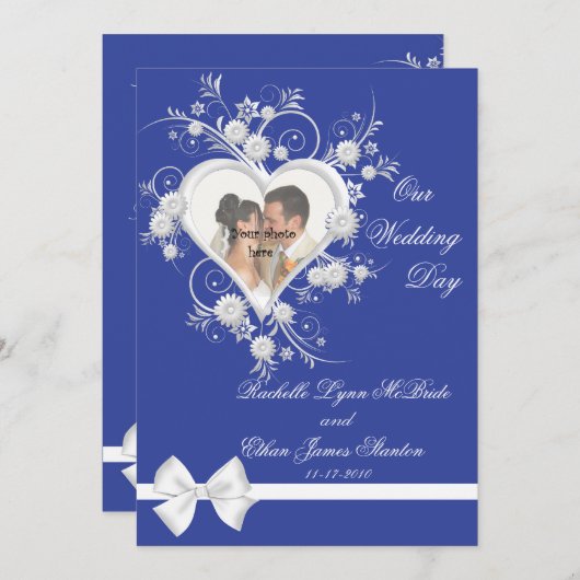 ブルー&ホワイトフラワーハート結婚ズフォト招待状 招待状 (正面/裏面)