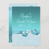 ブルー/ホワイトフラワー&ボウ誕生日招待状 招待状 (正面/裏面)