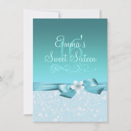 ブルー/ホワイトフラワー&ボウ誕生日招待状 招待状 (正面)