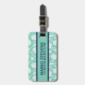 ブルー&ホワイトフローラダマスクティール（緑がかった色）アクセント ラゲッジタグ (正面縦)