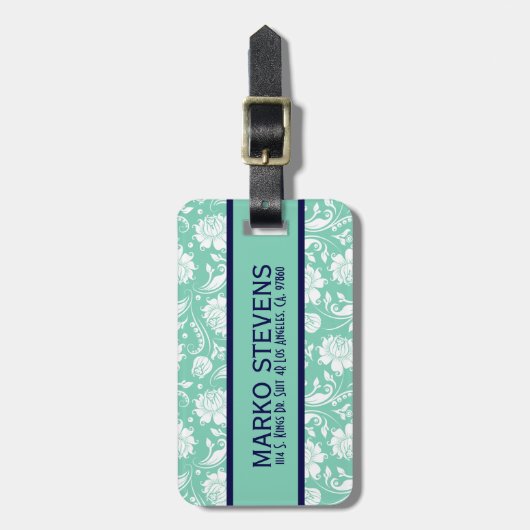 ブルー&ホワイトフローラダマスクティール（緑がかった色）アクセント ラゲッジタグ (正面縦)